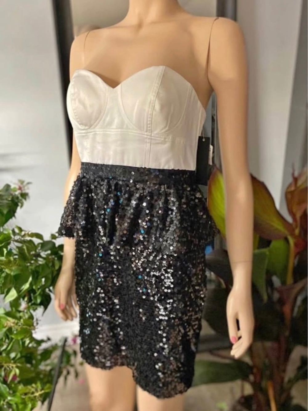 NWT: Aqua Black Ivory Satin Bustier Sequined Peplum Strapless Dress (Size 6)